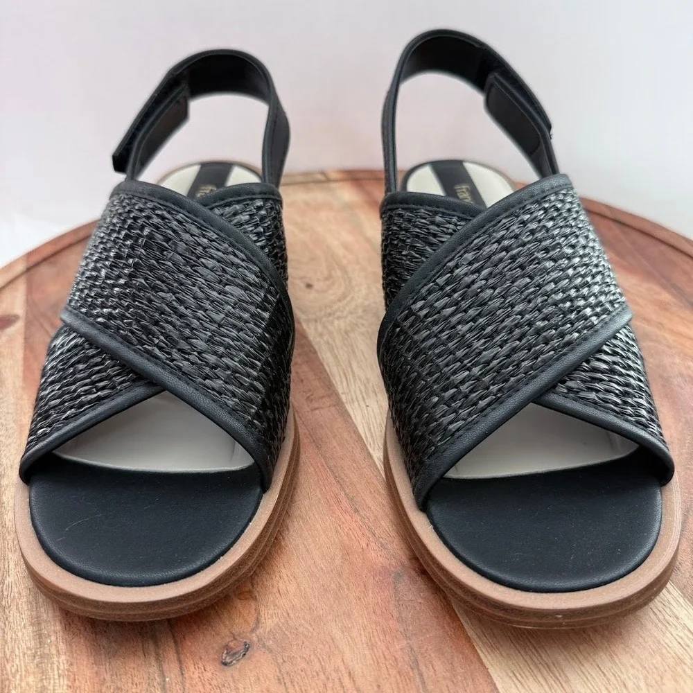 Franco Sarto Womens 7M Black Woven Crisscross Slingback Block Heel Sandals New